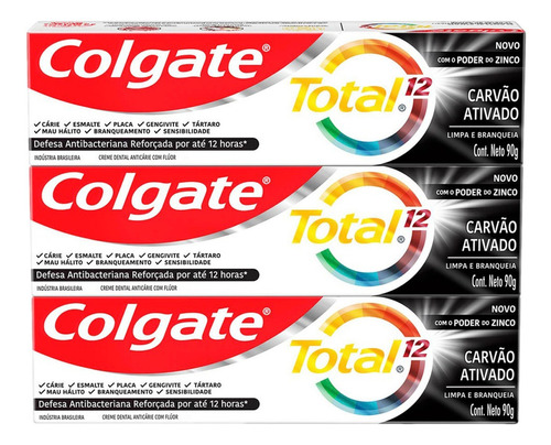 Creme Dental Colgate Total 12 Carvão Ativado 3x90gr