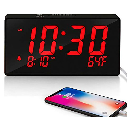 Reloj Despertador Digital Led Puerto De Carga Usb Tempe...