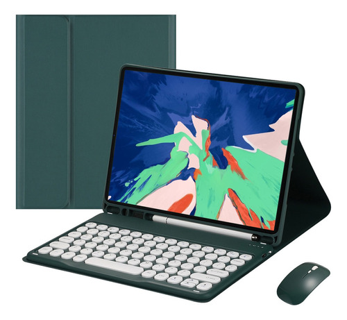 Capa Para Tablet S7 Fe (12,4 Universal) Com Teclado E Mouse Cor Noite Escura Verde + Teclado Circular Verde + Mouse De Carregamento Verde Bluetooth