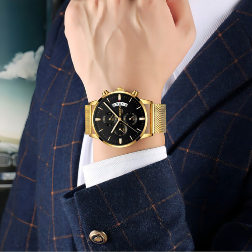 Relojes Nibosi para hombre de acero inoxidable dorado con correa de cronógrafo, color de fondo de malla dorada, color negro