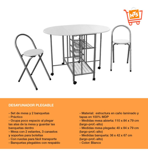 Desayunador Plegable Set De Mesa Con 2 Banquetas Para Cocina