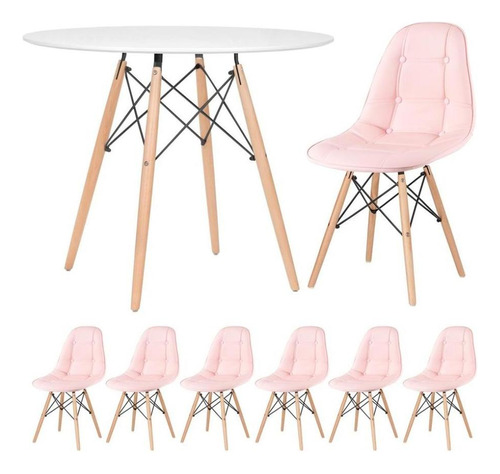 Kit Mesa Jantar Eames 90 Cm E 6 Cadeiras Estofada Botone Cor Mesa Branco Com Cadeiras Rosa