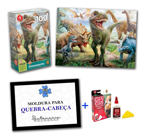 Kit Quebra-cabeça Dinossauros + Moldura + Cola Puzzle Grow