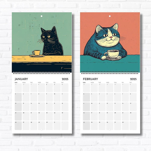 Sh Calendário Parede Mensal Coffee Cats 12 Meses