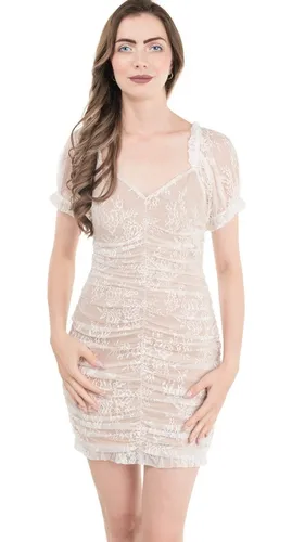 Vestido Encaje Corto Drapeado Estrech Forro Nude Sexy Manga. Vestido Encaje Corto Drapeado Estrech Forro Nude Sexy Manga.