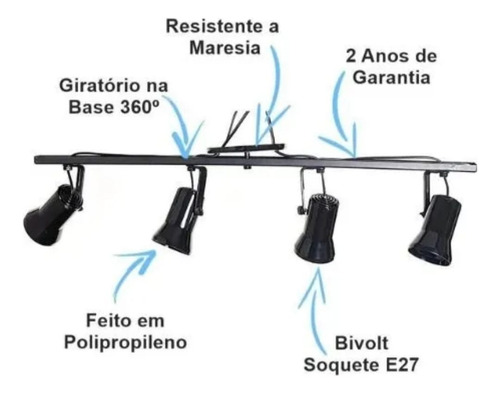 Luminária Com 4 Spot Trilho Direcionável Branco / Preto Preto