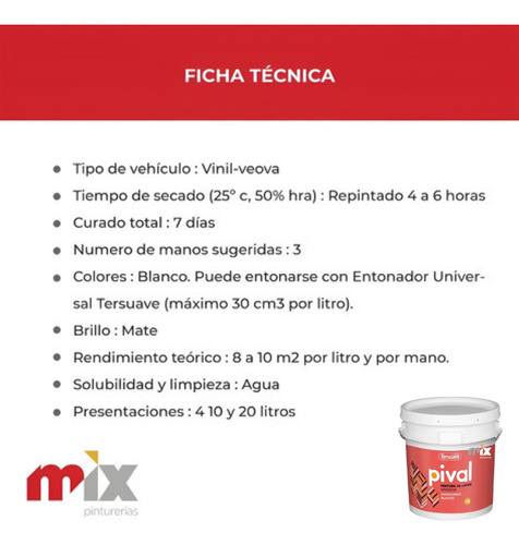 Pintura Latex Para interiores Tersuave Línea Pival x 4 Litros - Color Blanco