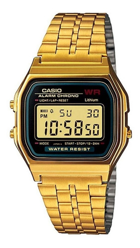 Reloj de pulsera Casio Vintage A159 de cuerpo color dorado, digital, fondo negro, con correa de acero inoxidable color dorado, dial negro, minutero/segundero negro, bisel color dorado y hebilla de gancho