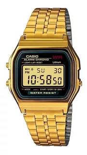 Reloj pulsera Casio Vintage A159 de cuerpo color dorado, digital, fondo negro, con correa de acero inoxidable color dorado, dial negro, minutero/segundero negro, bisel color dorado y hebilla de gancho