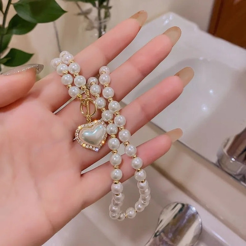 C Charmosa Gargantilha Pérolas Coração Com Glitter Moda
