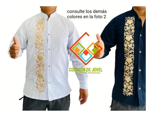 Guayabera/camisa De Manta Manga Larga Bordado Dorado Ocre.