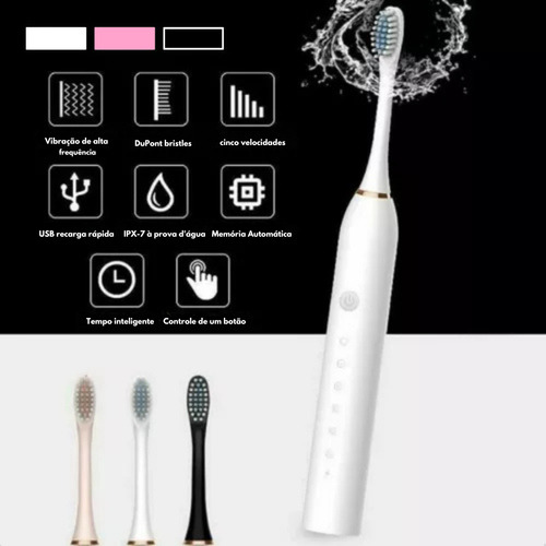 Escova De Dentes Elétrica Recarregável 6 Funções 3 Refil Usb Cor Rosa 127/220V