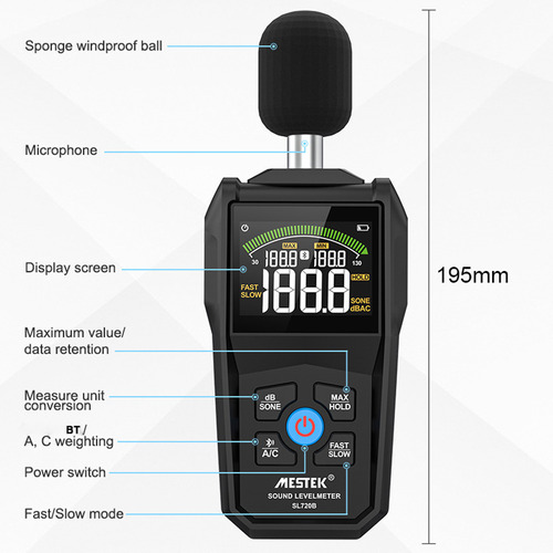 Noise Meter With Backlit Display 30-130 Db Color