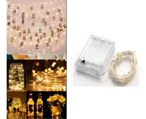 comprar Fio De Led Fada Cordão 5 Metros 50 Leds Branco Quente Pilha