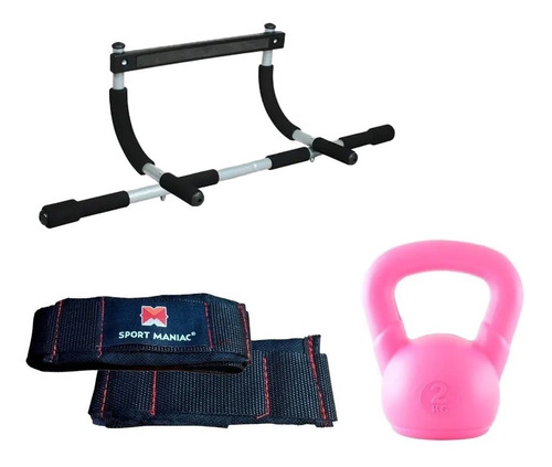 Imagen 1 de 5 de Kit Barra Dominadas+ Cintas Despegue+ Pesa Rusa Sport Maniac