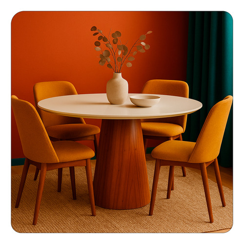 Mesa Jantar Cone Verniz Tampo Redondo Laca Com Vidro 135cm