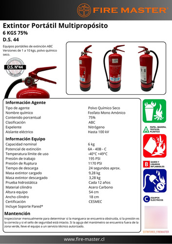 Extintor 6kg Abc + Soporte Tripode Para Negocios Fire Master