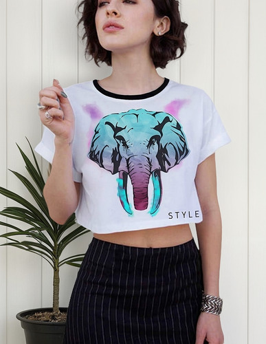 Playera Crop Top Mujer Elefante Acurela Colores/moda Casual