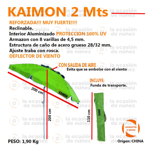 Imagen 2 de 6 de Sombrilla Playera 2.00 Mts Reforzada Playa Camping Carpa