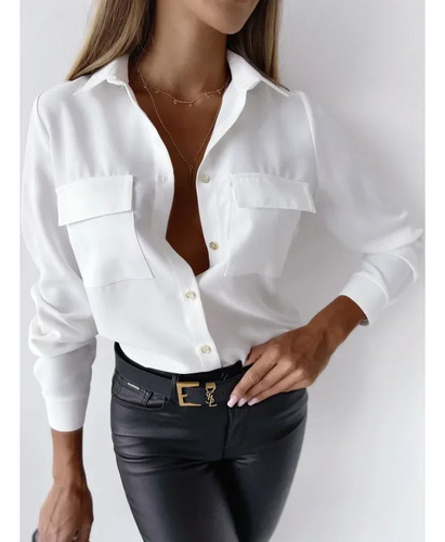 Camisa De Manga Larga Con Botones Y Bolsillos Para Mujer