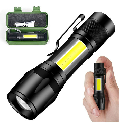 Mini linterna LED táctica, fuerte, recargable, militar, USB, color negro, luz blanca