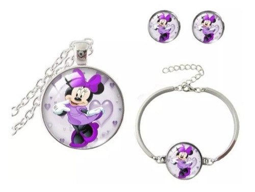 Conjunto Collar Aros Y Pulsera Minnie Mouse Incluye Caja 