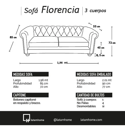 Sofa Florencia 3 Cuerpos Tela Velvet - Latam Home