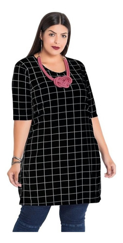 Imagem 8 de 8 de Blusa Feminina Plus Size Alongada Preta Xadrez Grid C/ Fenda