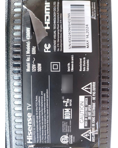 T-con Para Tv Hisense 43a6nv Rsag7.820.12570/roh 1.2mm