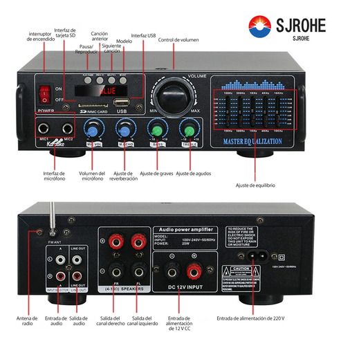 Sjrohe Ecualizador De Audio Profesional Y Amplificador Bluetooth Integrado Para Casa/automóvil Sonido 5.1 Amplificador Estereo Audio Calidad Premium Subwoofer En Casa Control De Graves Y Agudos Negro