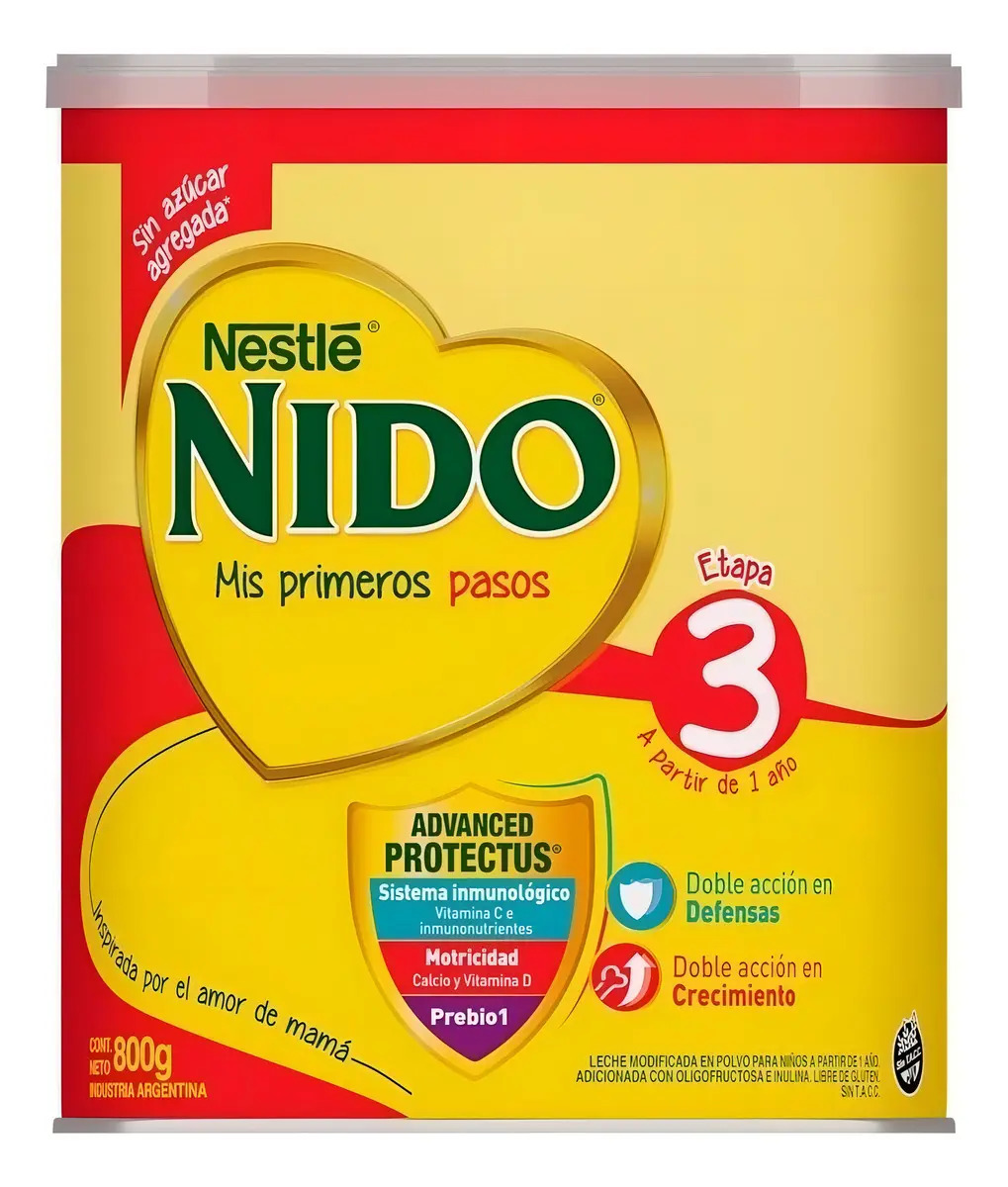 Leche de fórmula en polvo sin TACC Nestlé Nido 3 en lata - Pack de 12 de 800g - 1 a 3 años