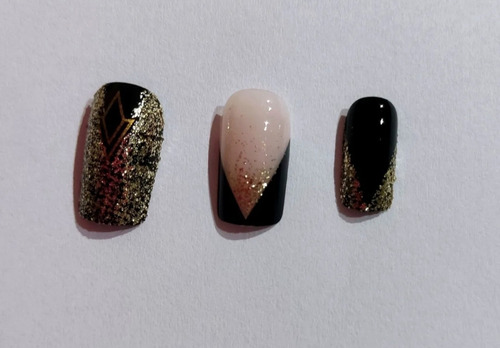 Mj 48 Unhas Postiças Decorada Preto Brilho Realista Com Cola