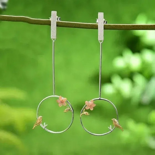 Imagen 6 de 6 de Aretes Mujer Plata .925 Flores Concha Pajarito Baño Oro 24k