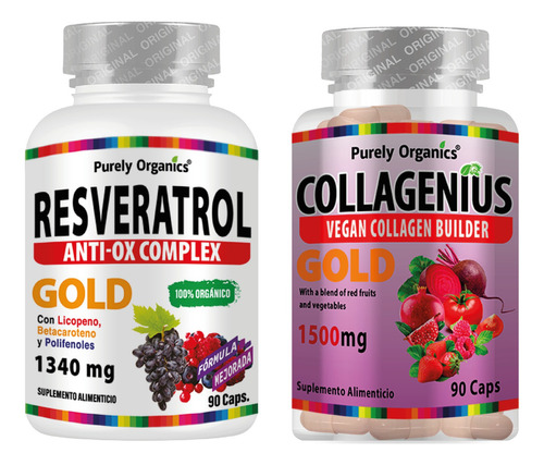 Combo Purely Organics Resveratrol + Collagenius Gold 90 Caps Sabor Sin sabor