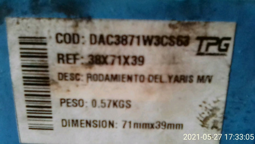 Imagen 1 de 1 de Rodamiento Usado Para Yaris M/v Marca Tpg 38x71x39 Mm