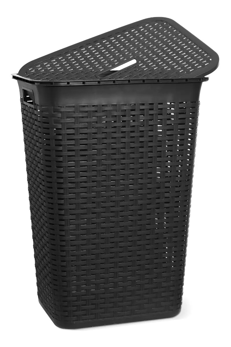 Canasto Cesto Simil Rattan Alto C/tapa Para Ropa Sucia Color Negro