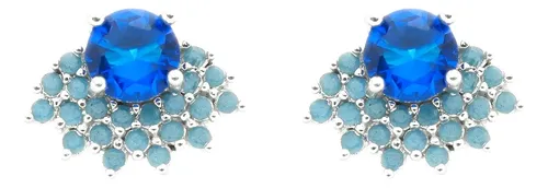 Brinco Feminino Prata 925 Zircônia Azul Turquesa 1cm