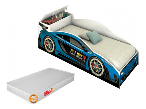 Cama Berço Carro Azul Speed Infantil Baú Brinquedo E Colchão