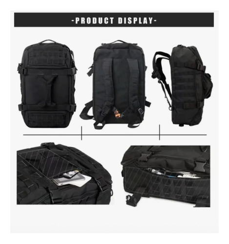 Bolso Mochila Táctico Bufalo 70 Lts Versátil Impermeable Negro Lisa