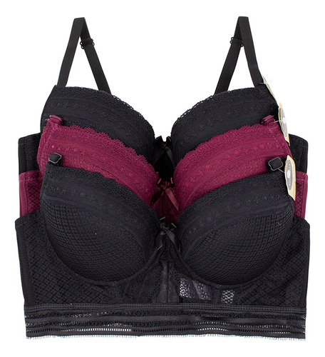 Paquete 3 Brasier De Encaje Tipo Top, Peto 3/4 Con Varillas