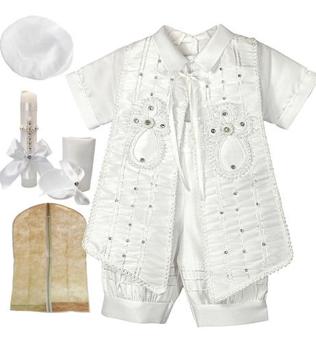 Traje Bautizo Niño Bombacho Ropón + Kit Vela Bautizo + Boina