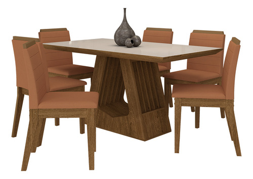 Mesa Málaga 1,6 Com 6 Cadeiras Freijó/off/terracota - M.a Cor Freijó/off Premium/terracota