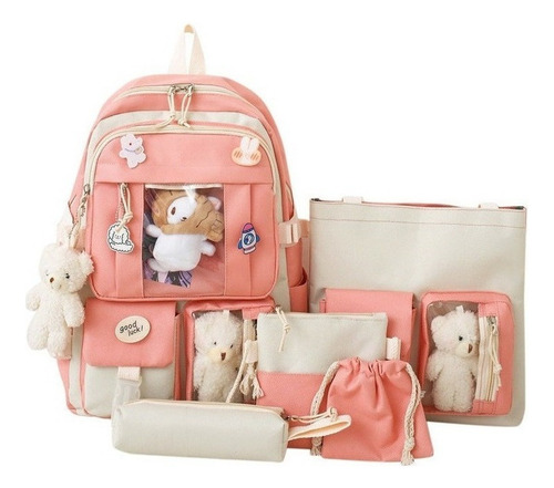 Conjunto Combo Mochila Escolar Kawaii Estilo Coreana 5 Pieza