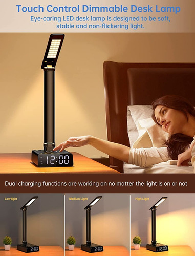 Lampara De Escritorio Led Con Reloj Carga Inalambrica Usb