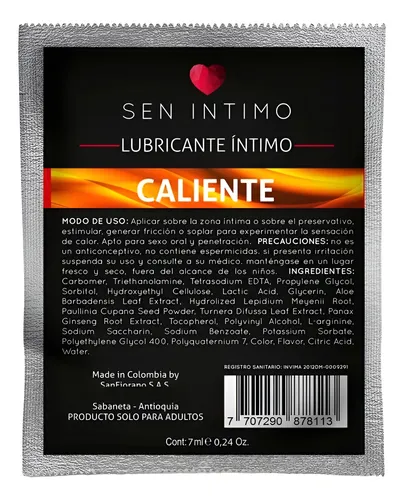 Lubricante Intimo Caliente 7 Ml Sen Intimo Comestible