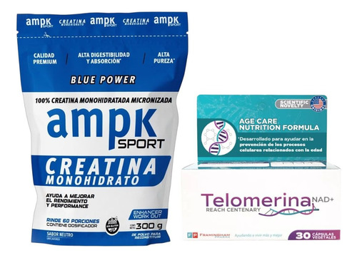 Telomerina Nad+ 30 Cápsulas + Creatina Ampk 300 Gr Sin Sabor
