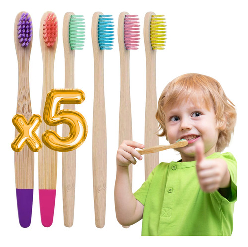 5 Cepillo Dientes Niños Ecológico Bambú Natural Infantil Color