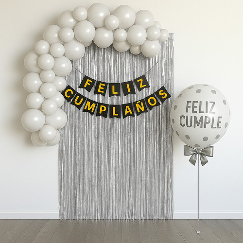 Set De Globos Decoracion Feliz Cumpleaños Cortina Banderin Negro Cumpleaños