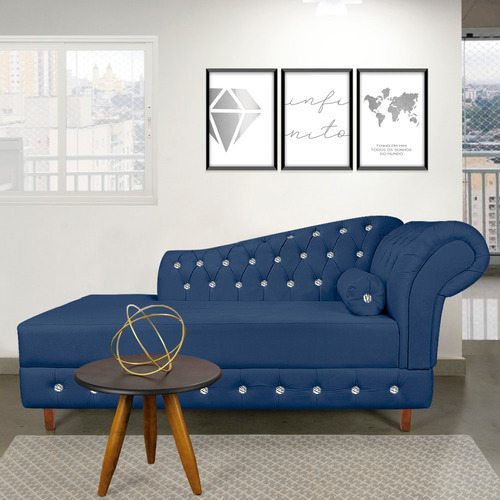 Divã Chesterfield Capitonado Suede Com Strass Cor Azul-marinho