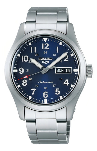 Reloj Seiko 5 Sports Srpg29 K1 Automatico Fondo Azul Bisel Plateado Correa Plateada